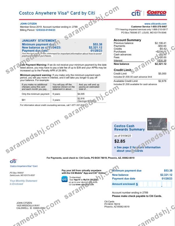 USA Citi bank card statement Word and PDF template, 2 pages